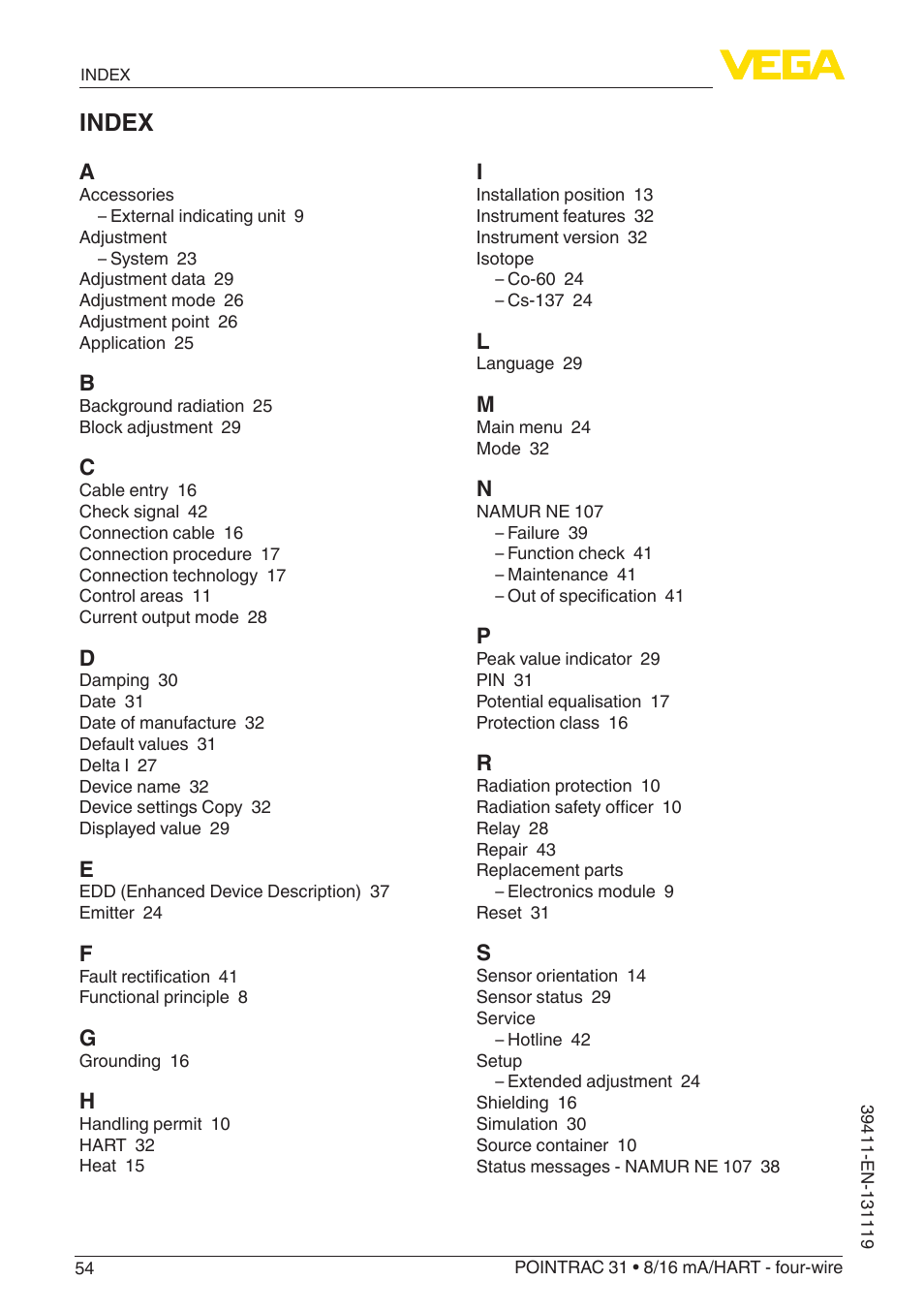 Index | VEGA POINTRAC 31 8_16 mA_HART - four-wire User Manual | Page 54 / 56