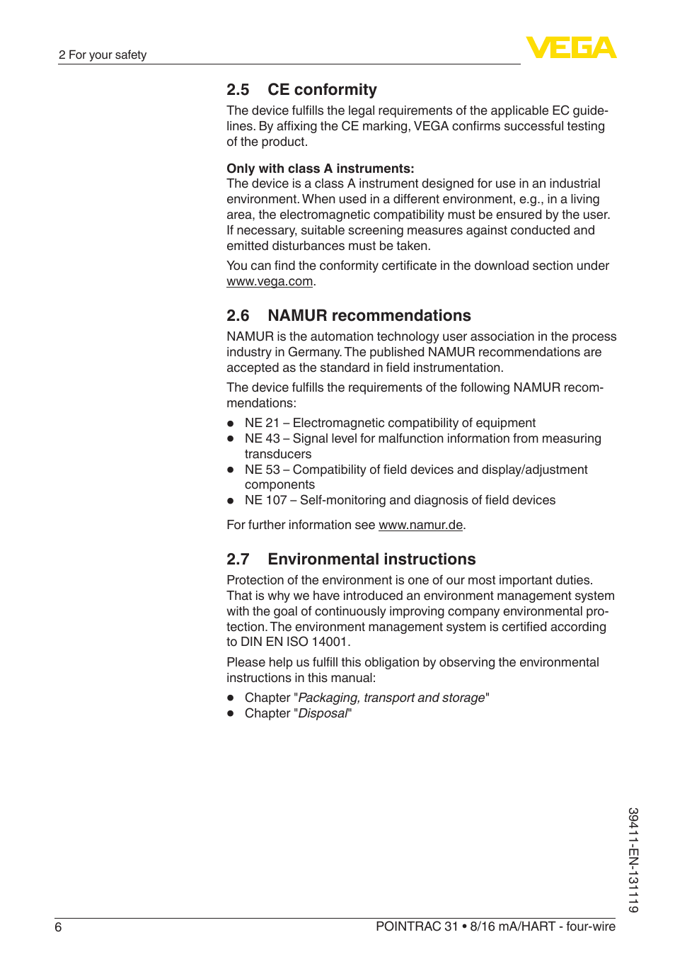5 ce conformity, 6 namur recommendations, 7 environmental instructions | VEGA POINTRAC 31 8_16 mA_HART - four-wire User Manual | Page 6 / 56