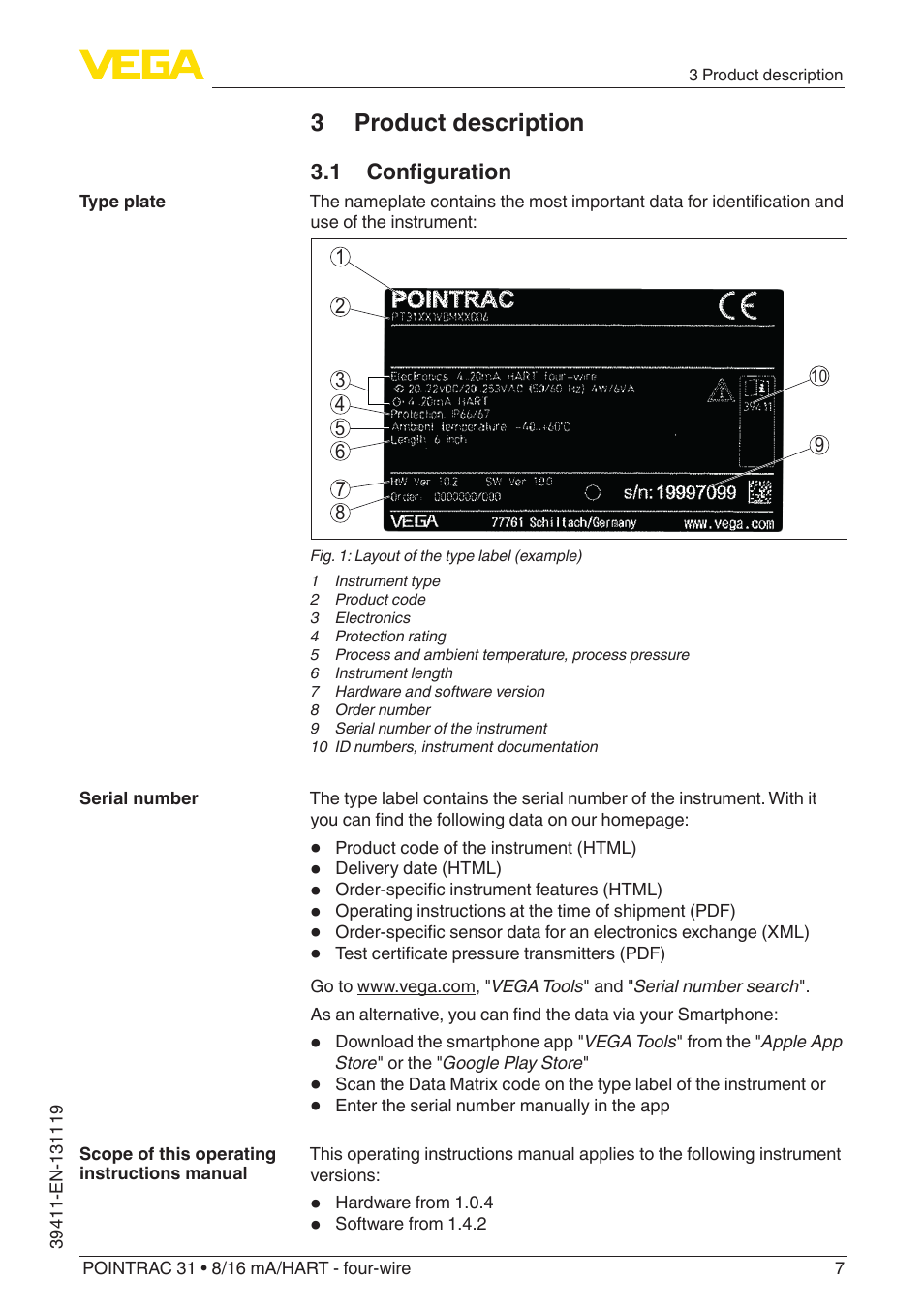 3 product description, 1 configuration | VEGA POINTRAC 31 8_16 mA_HART - four-wire User Manual | Page 7 / 56