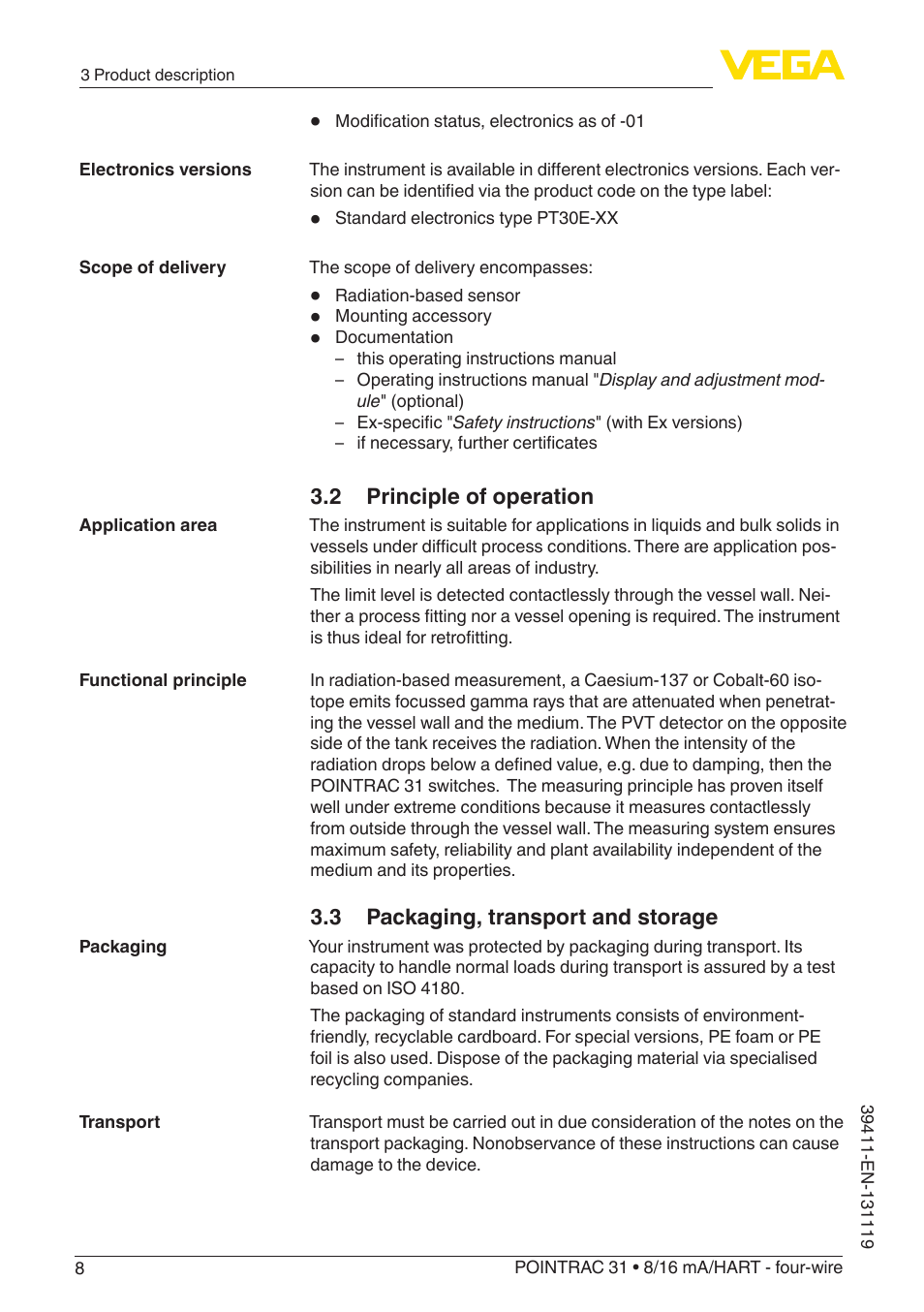 2 principle of operation, 3 packaging, transport and storage | VEGA POINTRAC 31 8_16 mA_HART - four-wire User Manual | Page 8 / 56