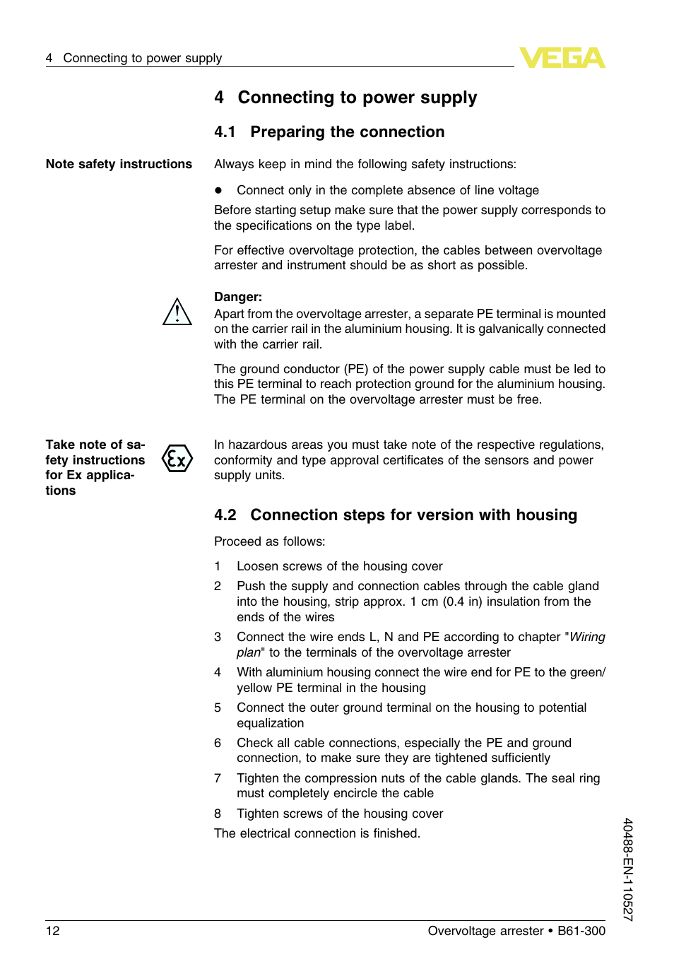 4 connecting to power supply, 1 preparing the connection, 2 connection steps for version with housing | 4connecting to power supply | VEGA B61-300 User Manual | Page 12 / 20