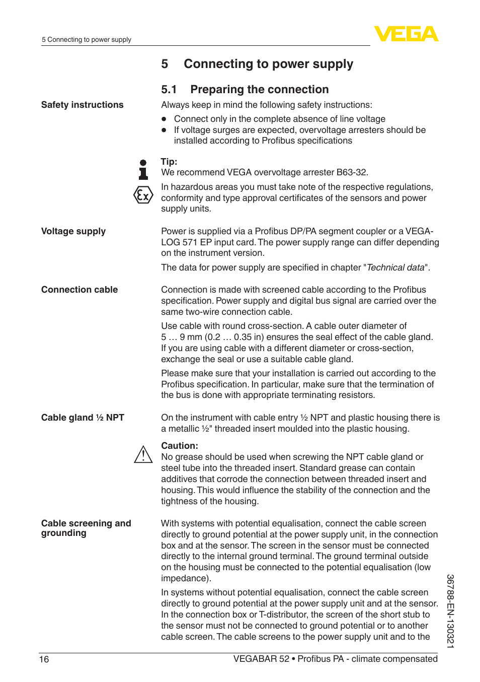 5 connecting to power supply, 1 preparing the connection | VEGA VEGABAR 52 Profibus PA - climate compensated User Manual | Page 16 / 76
