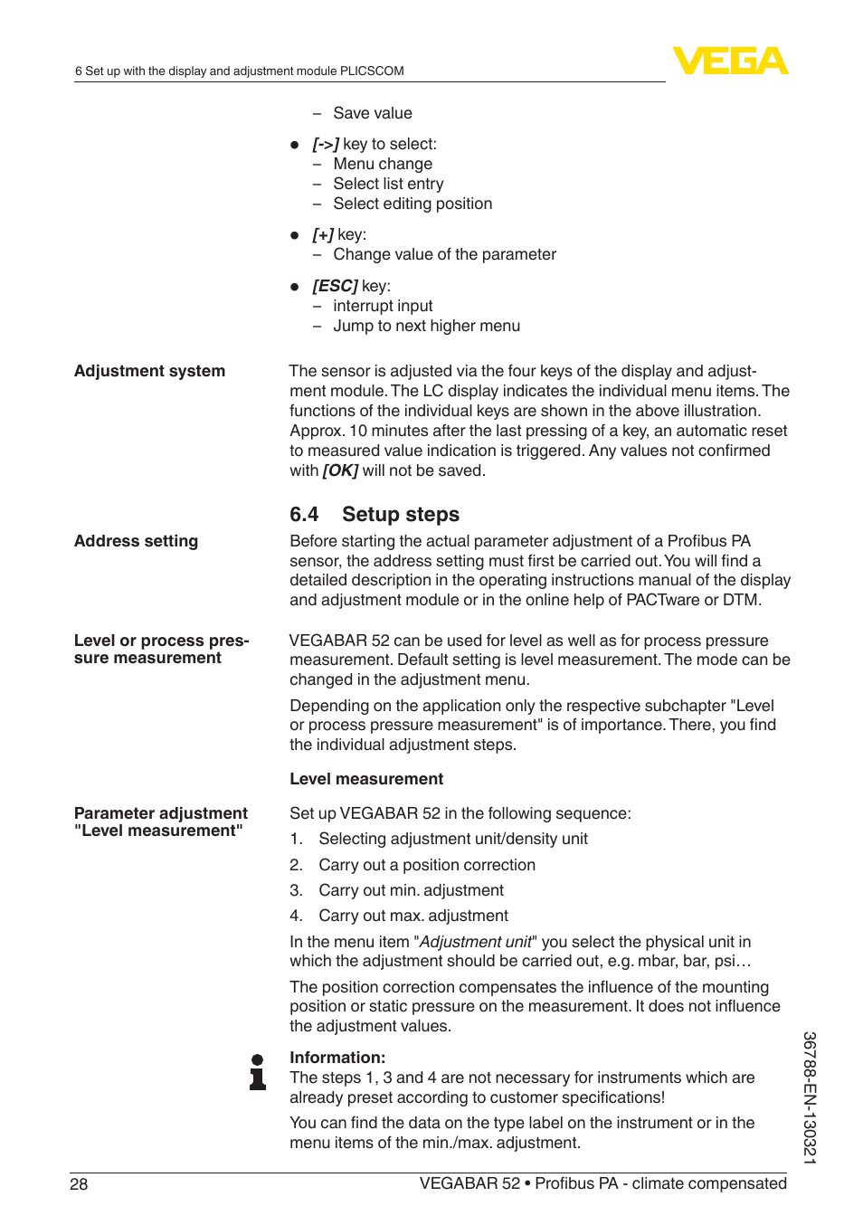 4 setup steps | VEGA VEGABAR 52 Profibus PA - climate compensated User Manual | Page 28 / 76