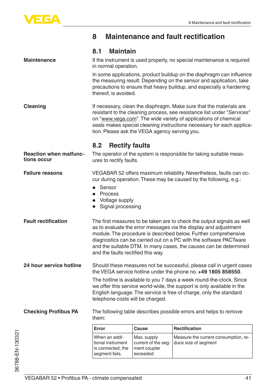 8 maintenance and fault rectification, 1 maintain, 2 rectify faults | VEGA VEGABAR 52 Profibus PA - climate compensated User Manual | Page 41 / 76