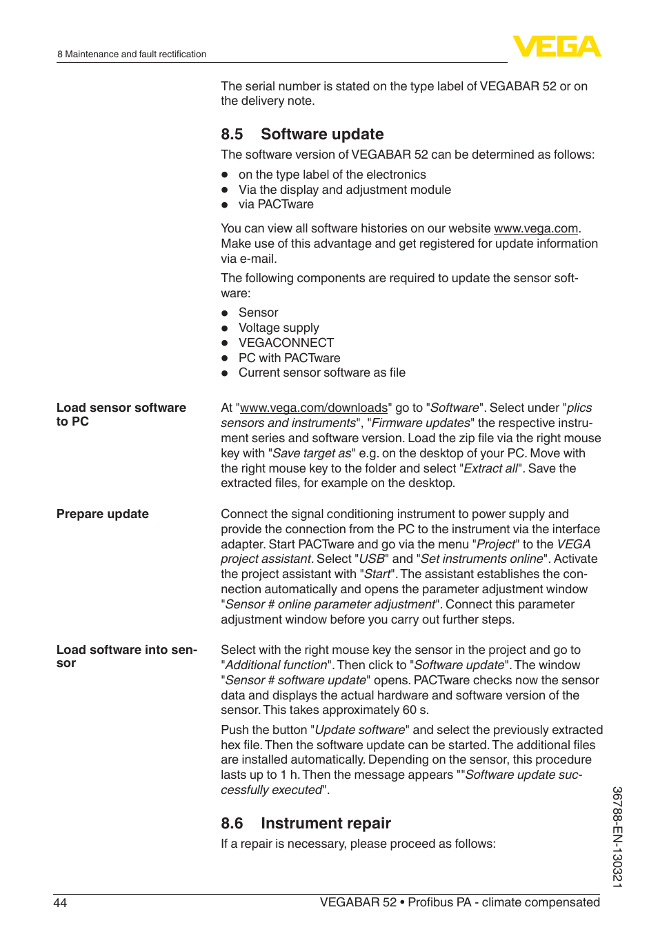 VEGA VEGABAR 52 Profibus PA - climate compensated User Manual | Page 44 / 76