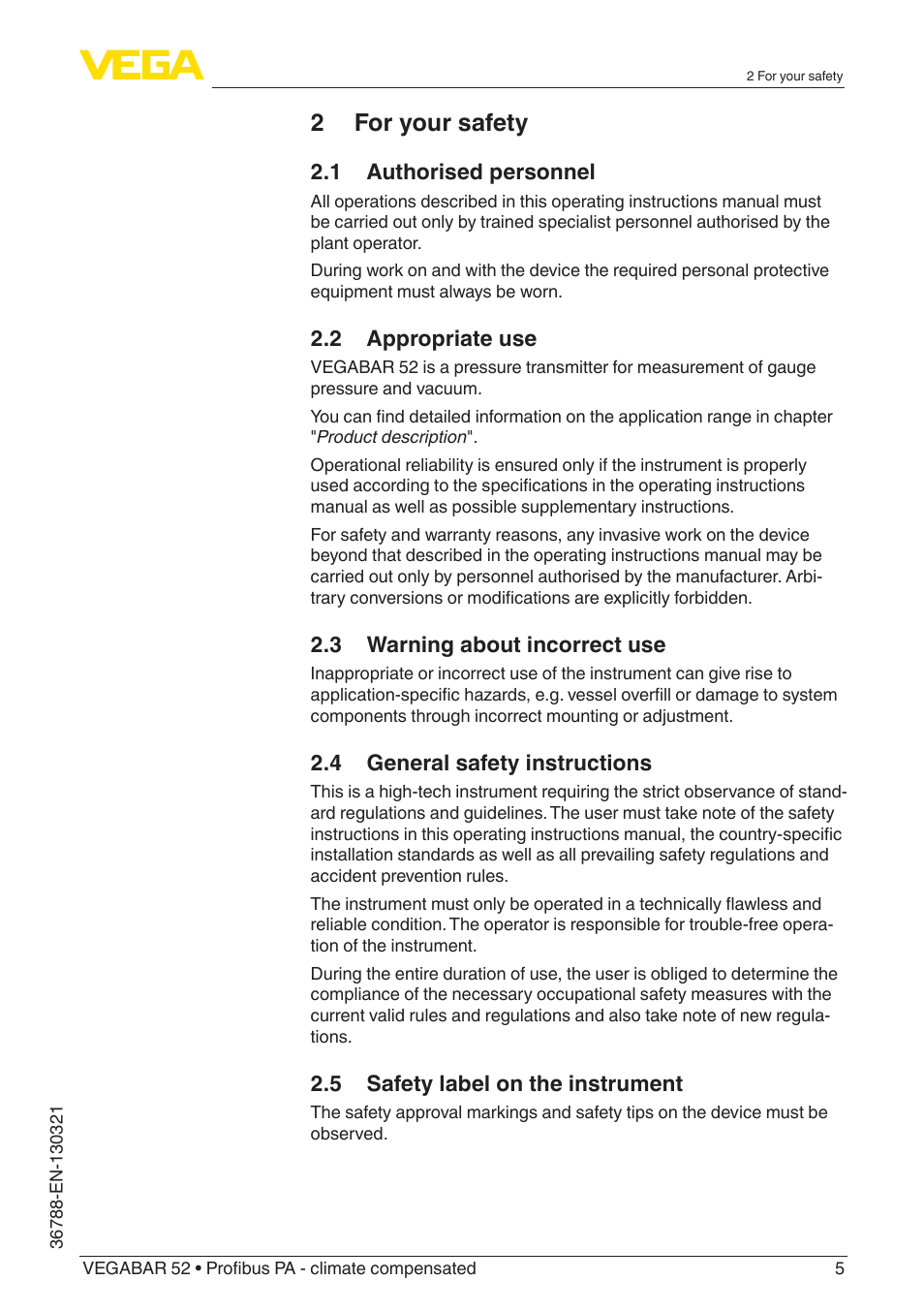 2 for your safety | VEGA VEGABAR 52 Profibus PA - climate compensated User Manual | Page 5 / 76