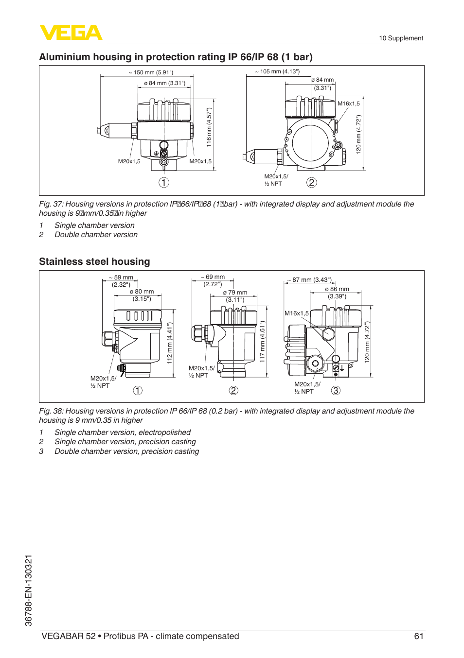 Stainless steel housing | VEGA VEGABAR 52 Profibus PA - climate compensated User Manual | Page 61 / 76