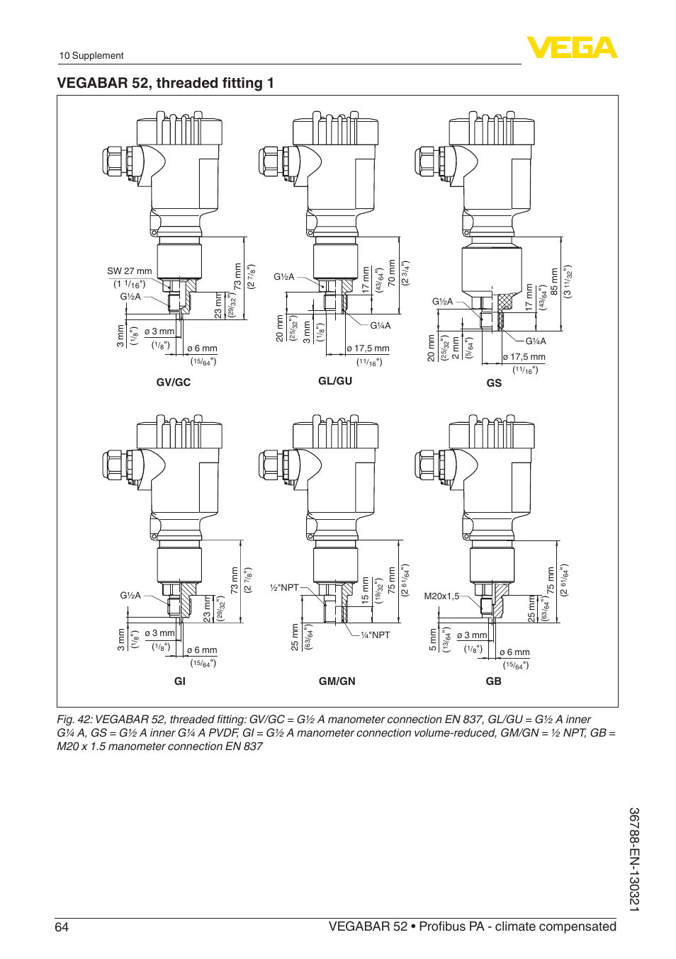 Vegabar 52, threaded fitting 1, Gi gm/gn gv/gc gb gs gl/gu | VEGA VEGABAR 52 Profibus PA - climate compensated User Manual | Page 64 / 76