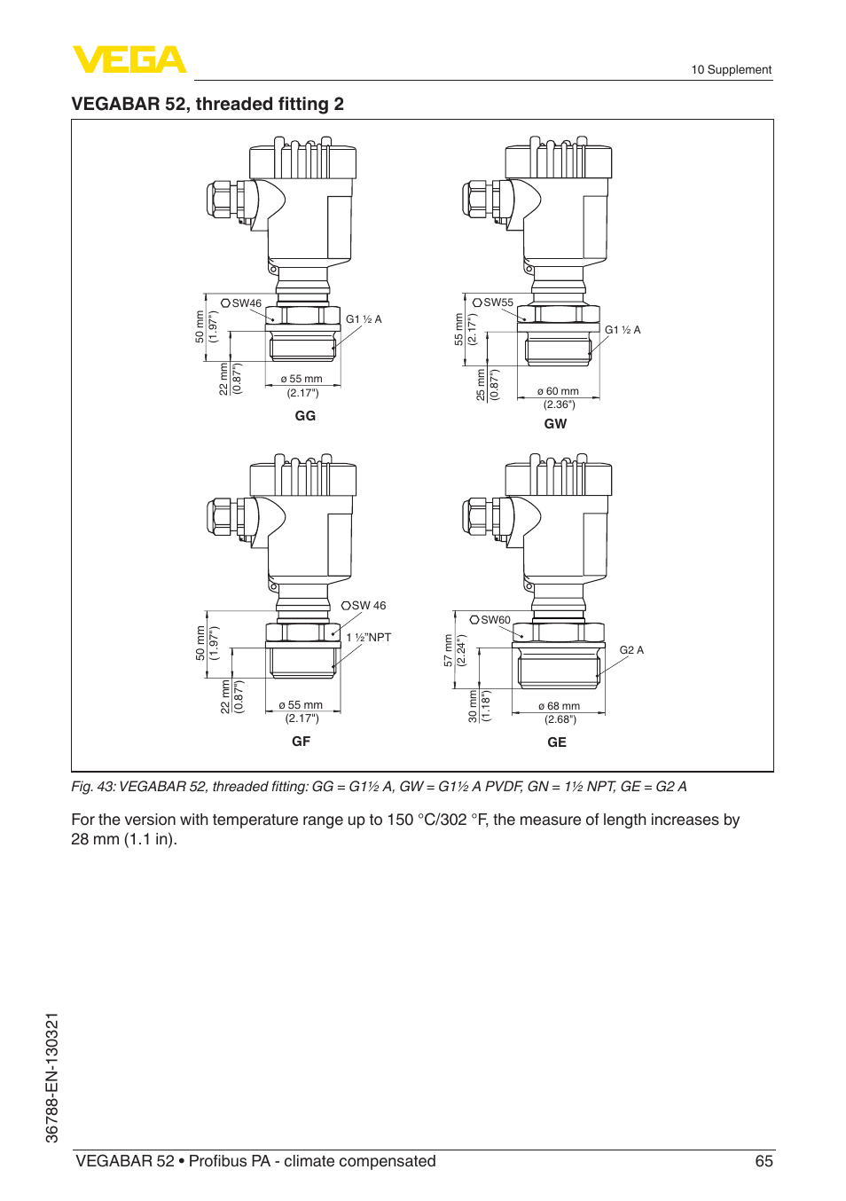 Vegabar 52, threaded fitting 2 | VEGA VEGABAR 52 Profibus PA - climate compensated User Manual | Page 65 / 76
