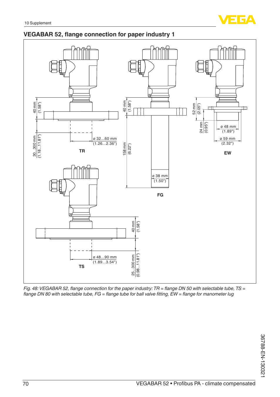 Vegabar 52, flange connection for paper industry 1 | VEGA VEGABAR 52 Profibus PA - climate compensated User Manual | Page 70 / 76