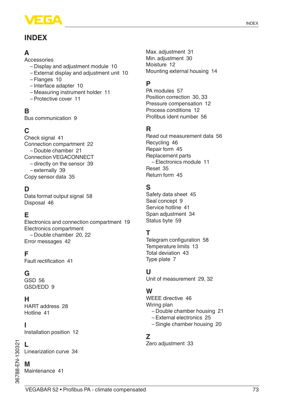 Index | VEGA VEGABAR 52 Profibus PA - climate compensated User Manual | Page 73 / 76