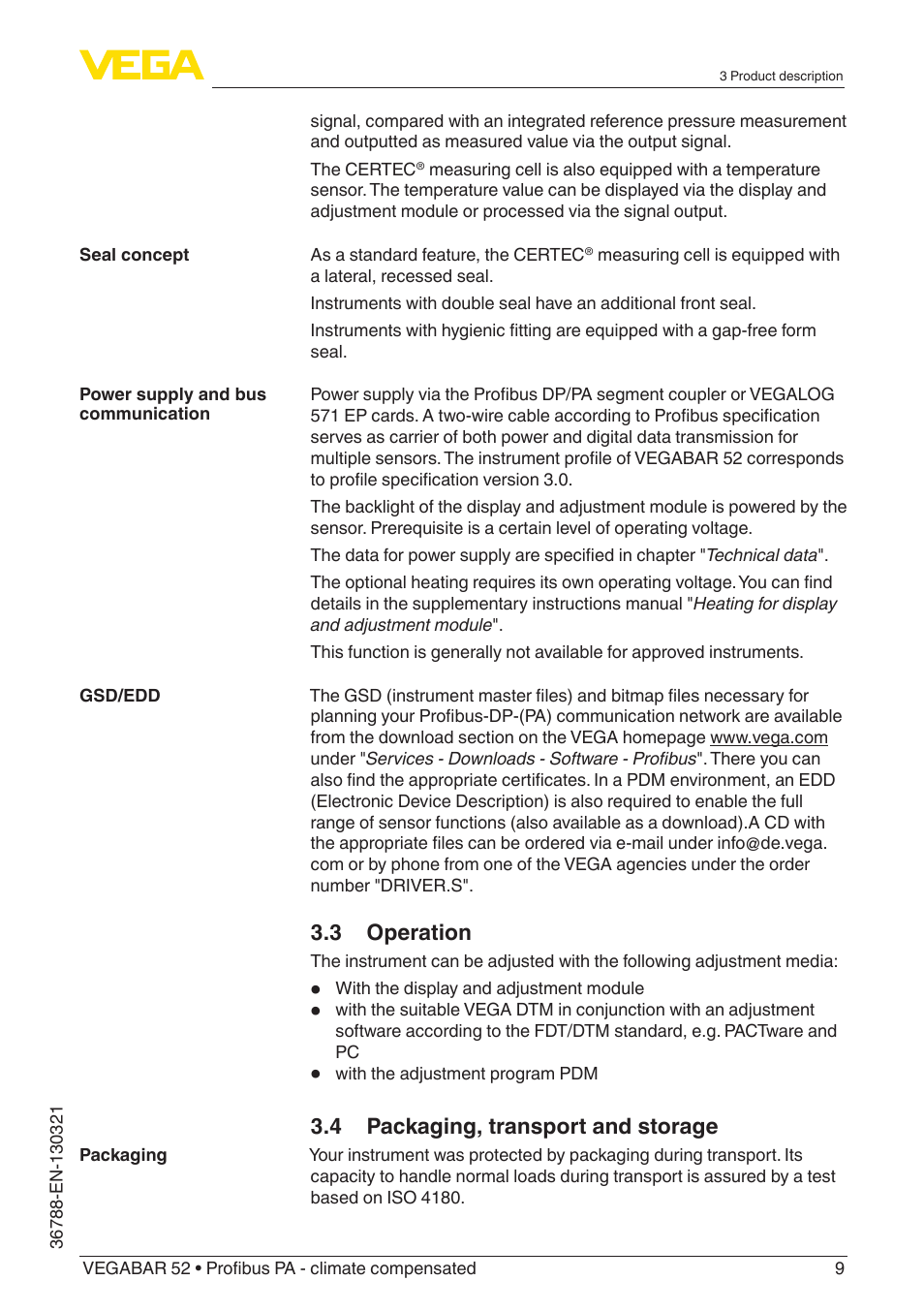 3 operation, 4 packaging, transport and storage | VEGA VEGABAR 52 Profibus PA - climate compensated User Manual | Page 9 / 76