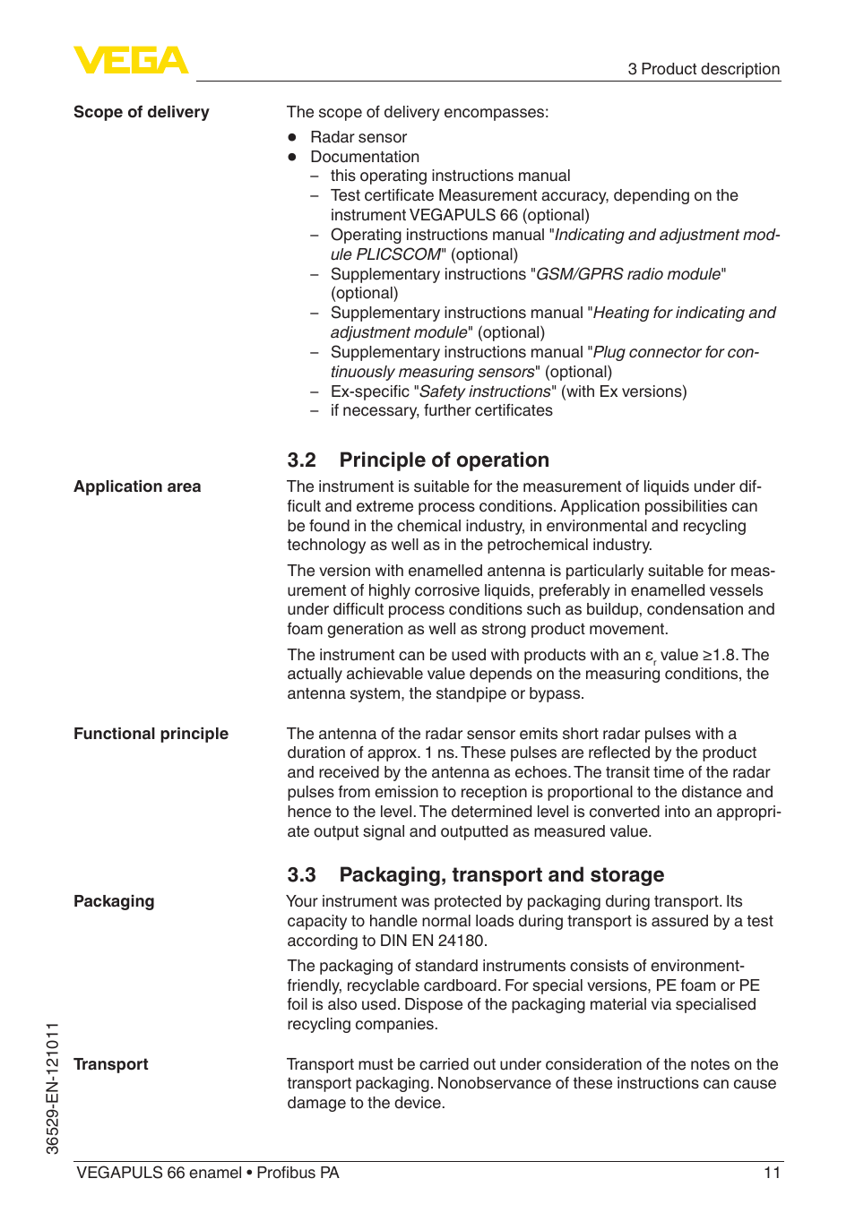 2 principle of operation, 3 packaging, transport and storage | VEGA VEGAPULS 66 (≥ 2.0.0 - ≥ 4.0.0) enamel Profibus PA User Manual | Page 11 / 76