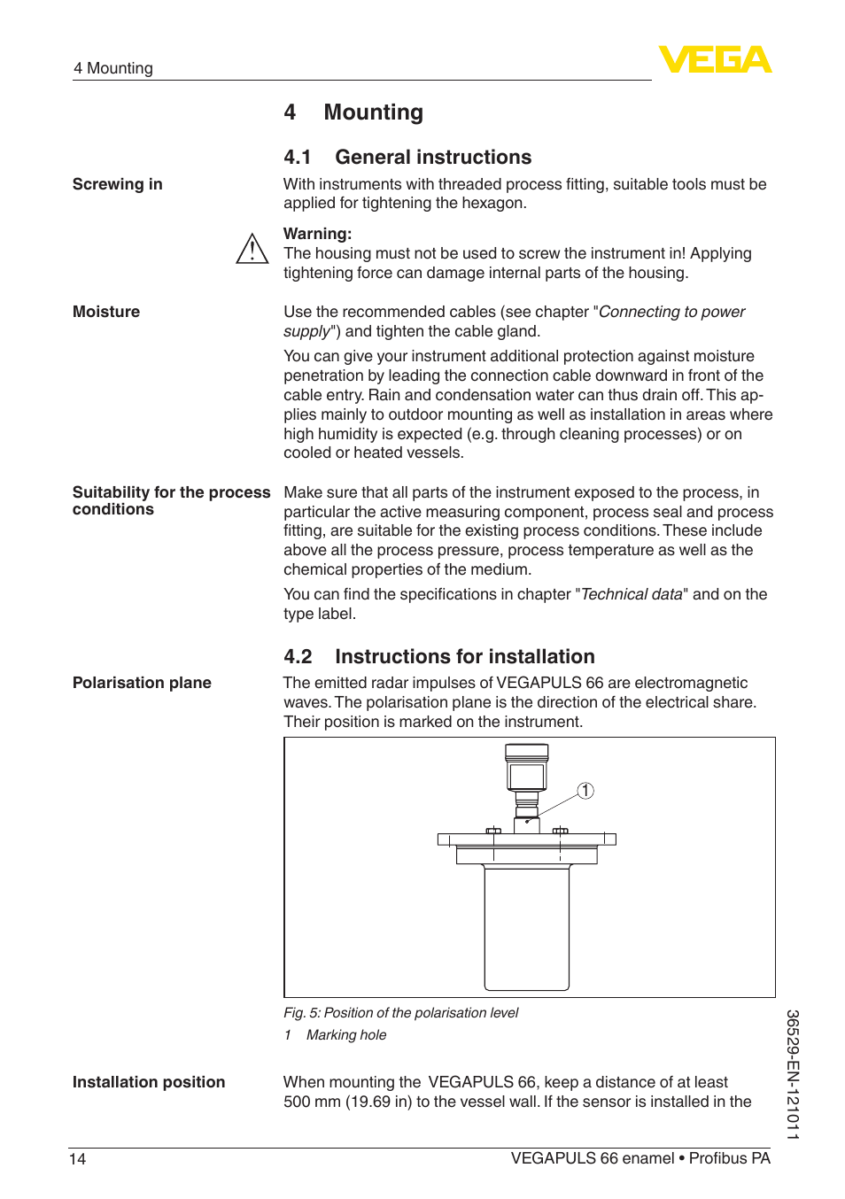 4 mounting, 1 general instructions, 2 instructions for installation | VEGA VEGAPULS 66 (≥ 2.0.0 - ≥ 4.0.0) enamel Profibus PA User Manual | Page 14 / 76