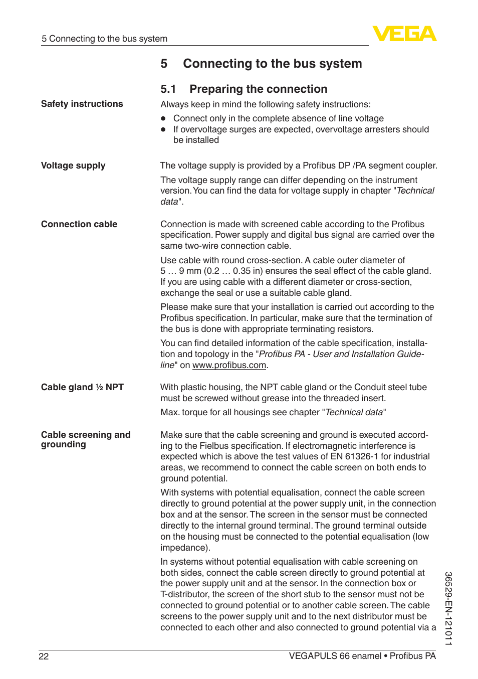 5 connecting to the bus system, 1 preparing the connection | VEGA VEGAPULS 66 (≥ 2.0.0 - ≥ 4.0.0) enamel Profibus PA User Manual | Page 22 / 76