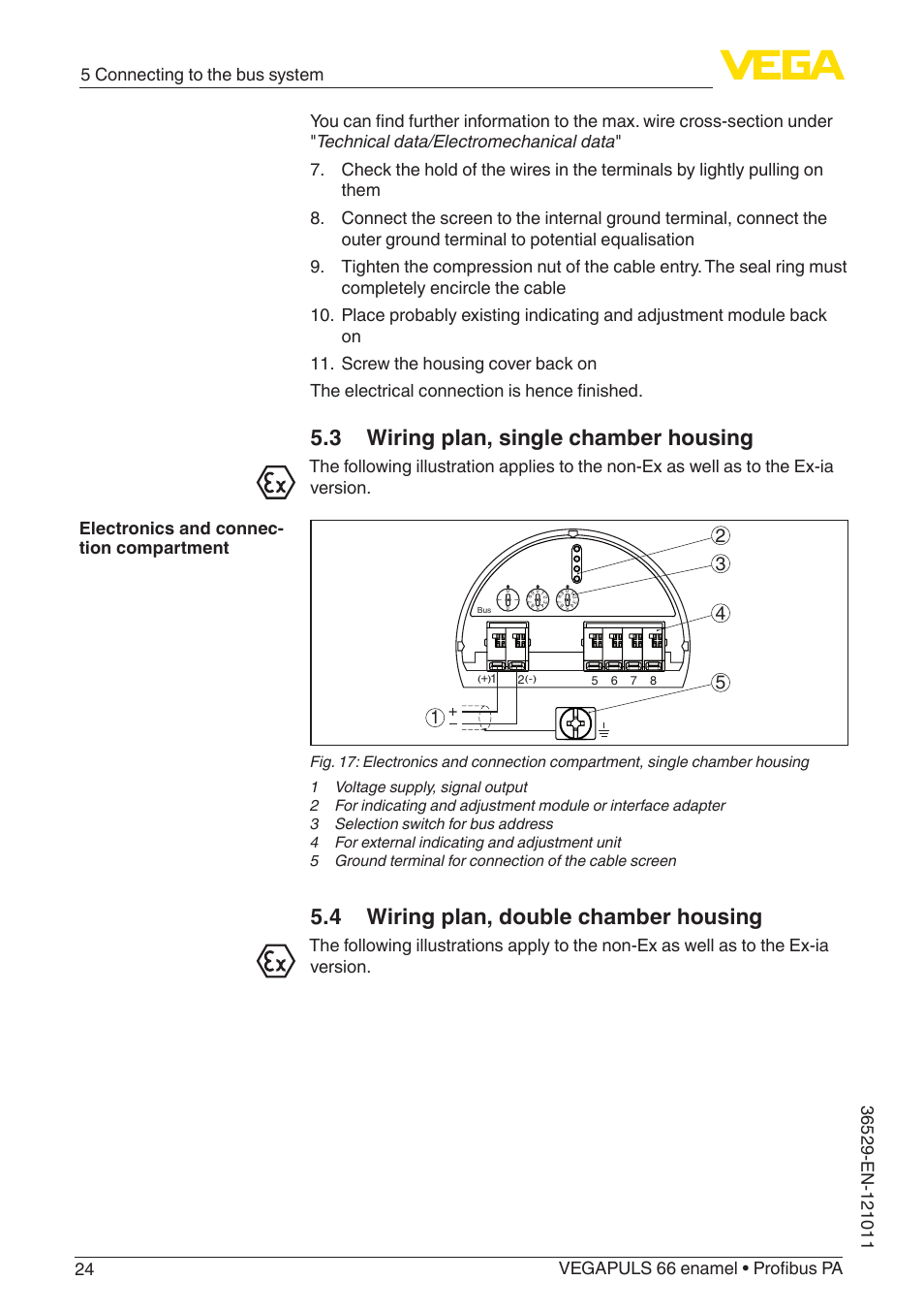 3 wiring plan, single chamber housing, 4 wiring plan, double chamber housing | VEGA VEGAPULS 66 (≥ 2.0.0 - ≥ 4.0.0) enamel Profibus PA User Manual | Page 24 / 76