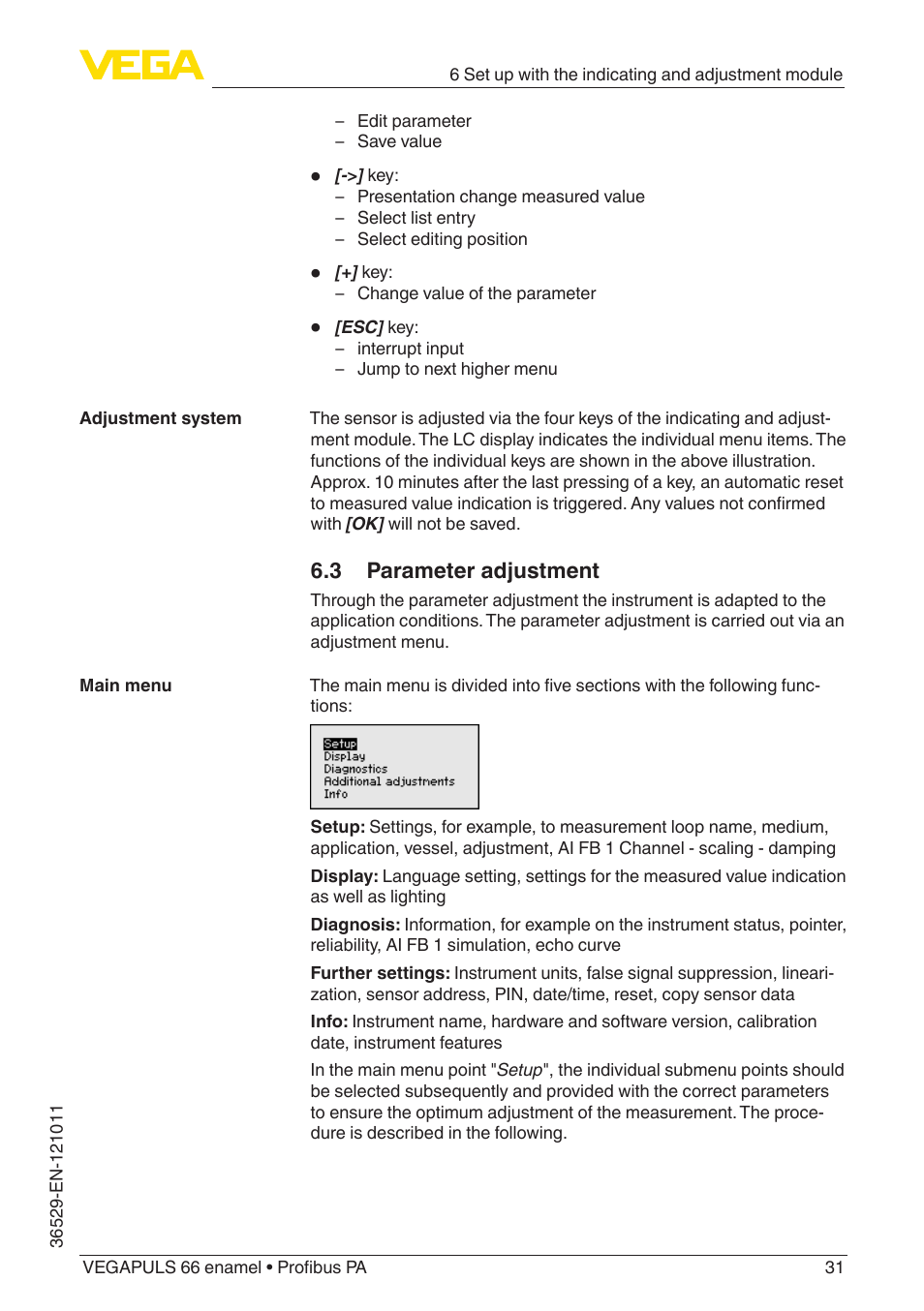 3 parameter adjustment | VEGA VEGAPULS 66 (≥ 2.0.0 - ≥ 4.0.0) enamel Profibus PA User Manual | Page 31 / 76