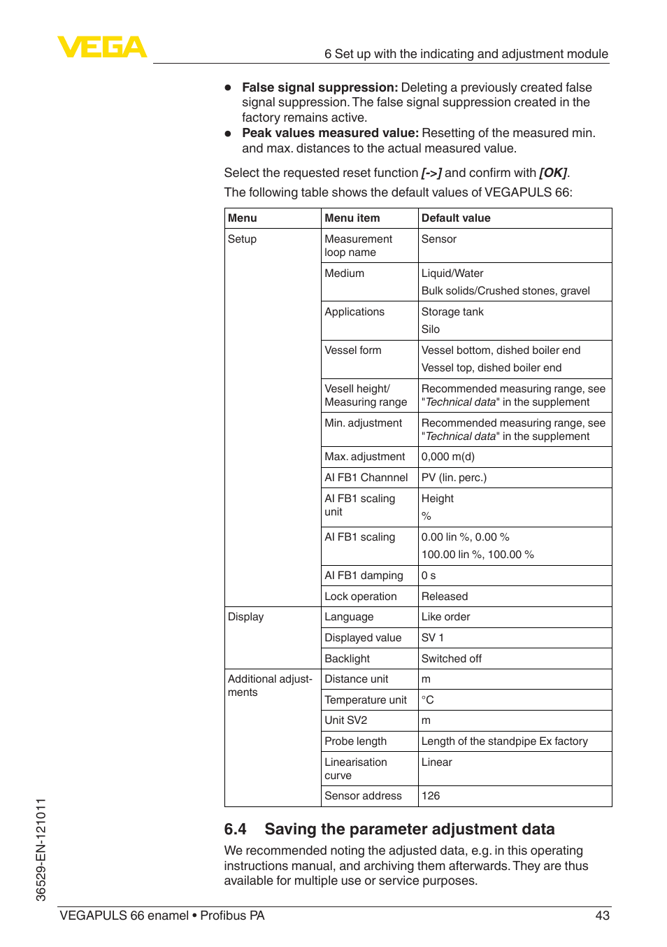 4 saving the parameter adjustment data | VEGA VEGAPULS 66 (≥ 2.0.0 - ≥ 4.0.0) enamel Profibus PA User Manual | Page 43 / 76