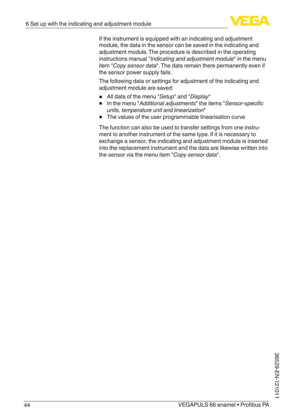 VEGA VEGAPULS 66 (≥ 2.0.0 - ≥ 4.0.0) enamel Profibus PA User Manual | Page 44 / 76