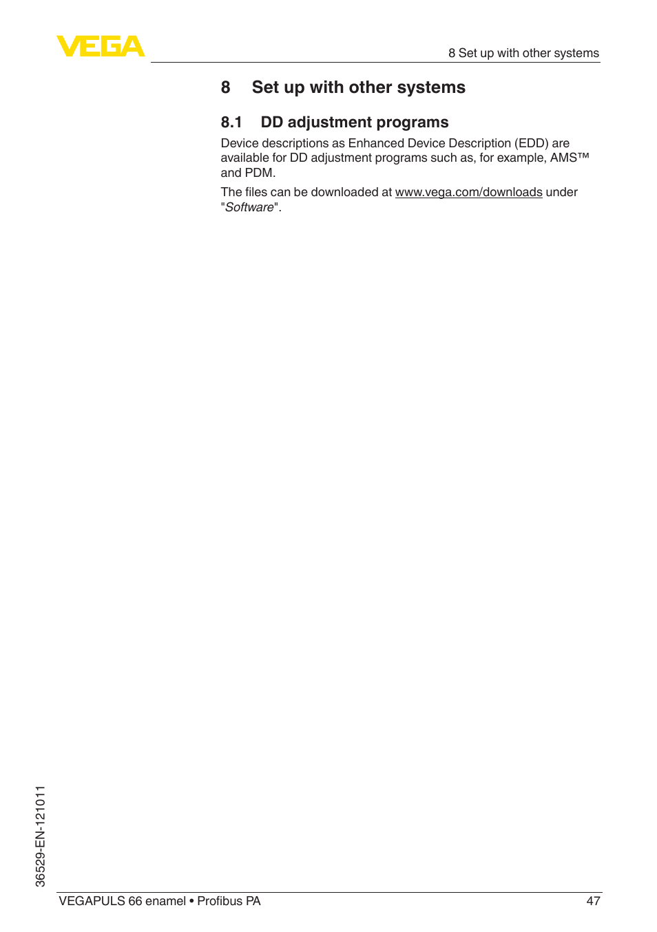8 set up with other systems, 1 dd adjustment programs | VEGA VEGAPULS 66 (≥ 2.0.0 - ≥ 4.0.0) enamel Profibus PA User Manual | Page 47 / 76