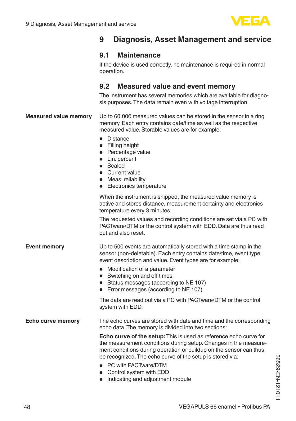 9 diagnosis, asset management and service, 1 maintenance, 2 measured value and event memory | VEGA VEGAPULS 66 (≥ 2.0.0 - ≥ 4.0.0) enamel Profibus PA User Manual | Page 48 / 76