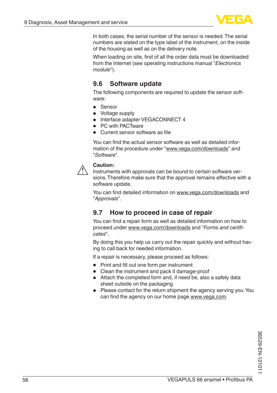 6 software update, 7 how to proceed in case of repair | VEGA VEGAPULS 66 (≥ 2.0.0 - ≥ 4.0.0) enamel Profibus PA User Manual | Page 56 / 76