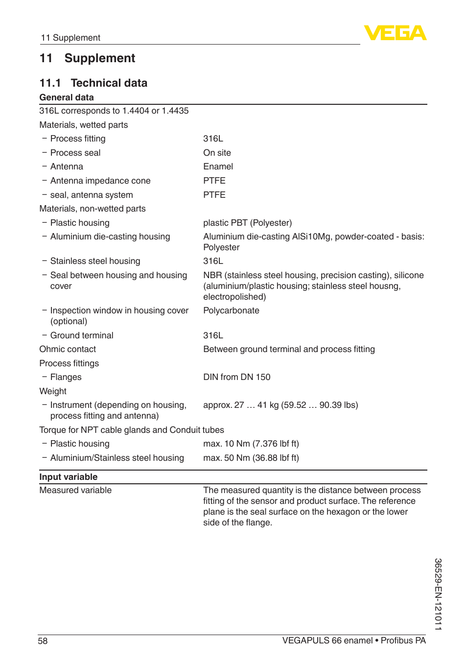 11 supplement, 1 technical data | VEGA VEGAPULS 66 (≥ 2.0.0 - ≥ 4.0.0) enamel Profibus PA User Manual | Page 58 / 76