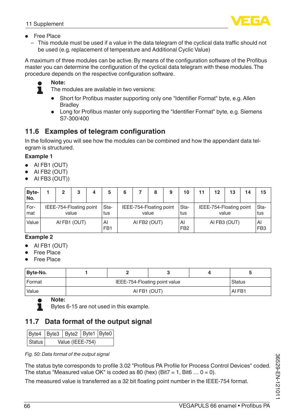 6 examples of telegram configuration, 7 data format of the output signal | VEGA VEGAPULS 66 (≥ 2.0.0 - ≥ 4.0.0) enamel Profibus PA User Manual | Page 66 / 76