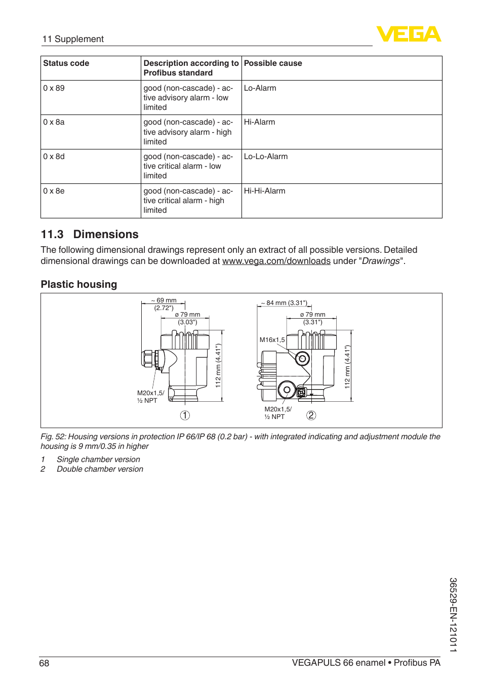 3 dimensions, Plastic housing | VEGA VEGAPULS 66 (≥ 2.0.0 - ≥ 4.0.0) enamel Profibus PA User Manual | Page 68 / 76