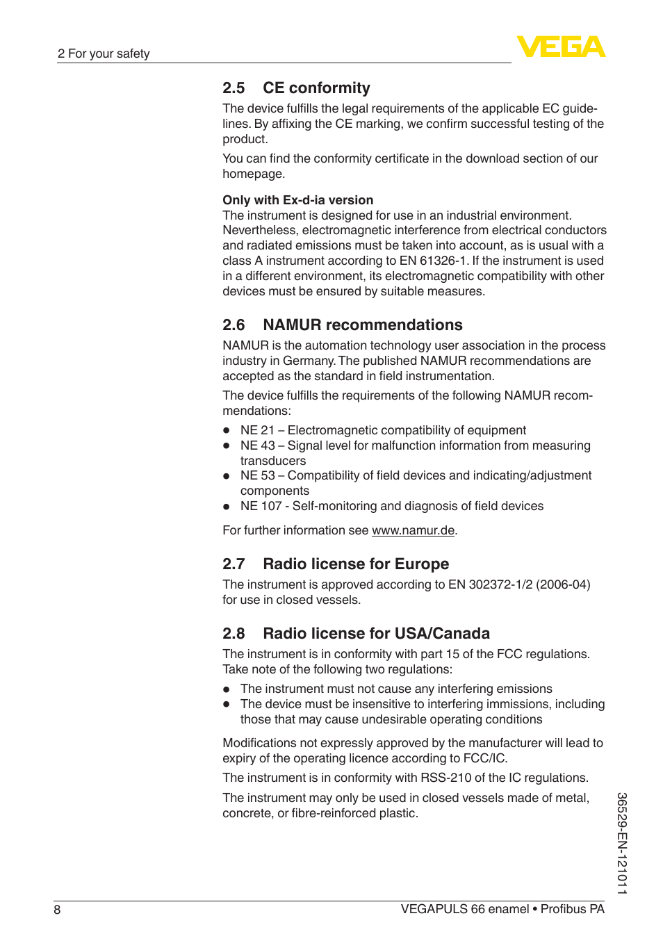 5 ce conformity, 6 namur recommendations, 7 radio license for europe | 8 radio license for usa/canada | VEGA VEGAPULS 66 (≥ 2.0.0 - ≥ 4.0.0) enamel Profibus PA User Manual | Page 8 / 76