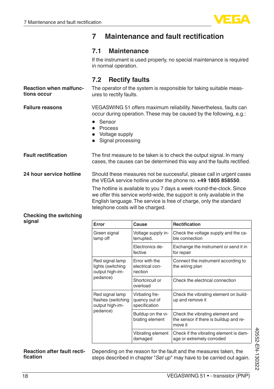 7 maintenance and fault rectification, 1 maintenance, 2 rectify faults | VEGA VEGASWING 51 - transistor (PNP) User Manual | Page 18 / 32