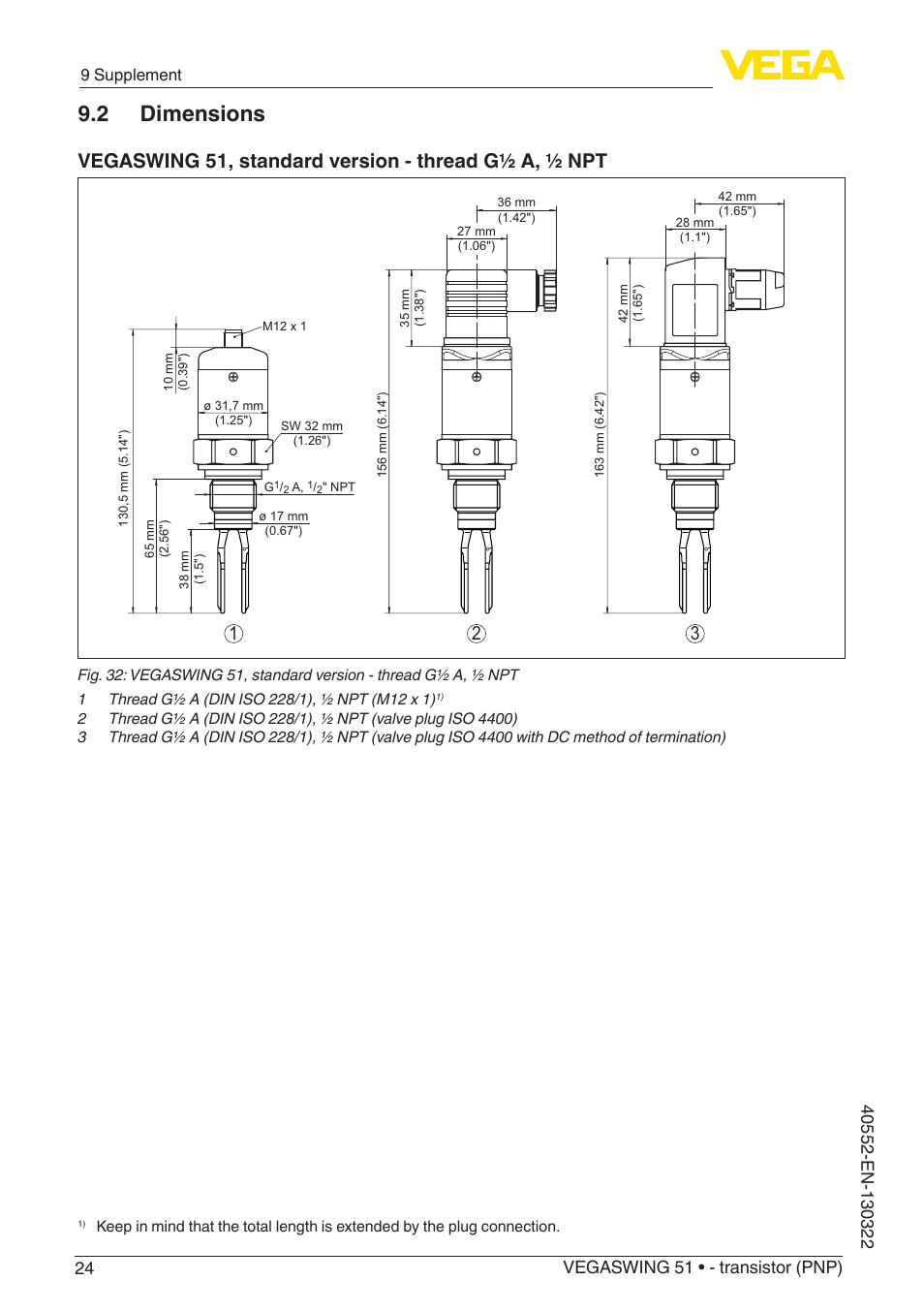 2 dimensions, 9 supplement | VEGA VEGASWING 51 - transistor (PNP) User Manual | Page 24 / 32