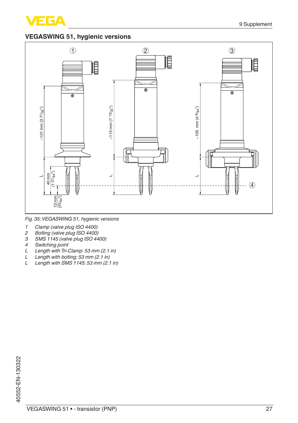 Vegaswing 51, hygienic versions, 9 supplement | VEGA VEGASWING 51 - transistor (PNP) User Manual | Page 27 / 32