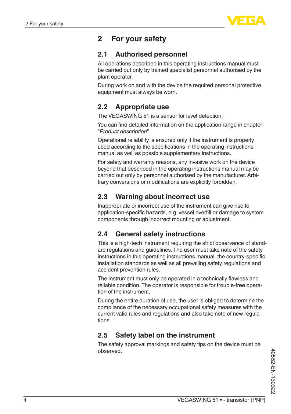 2 for your safety | VEGA VEGASWING 51 - transistor (PNP) User Manual | Page 4 / 32