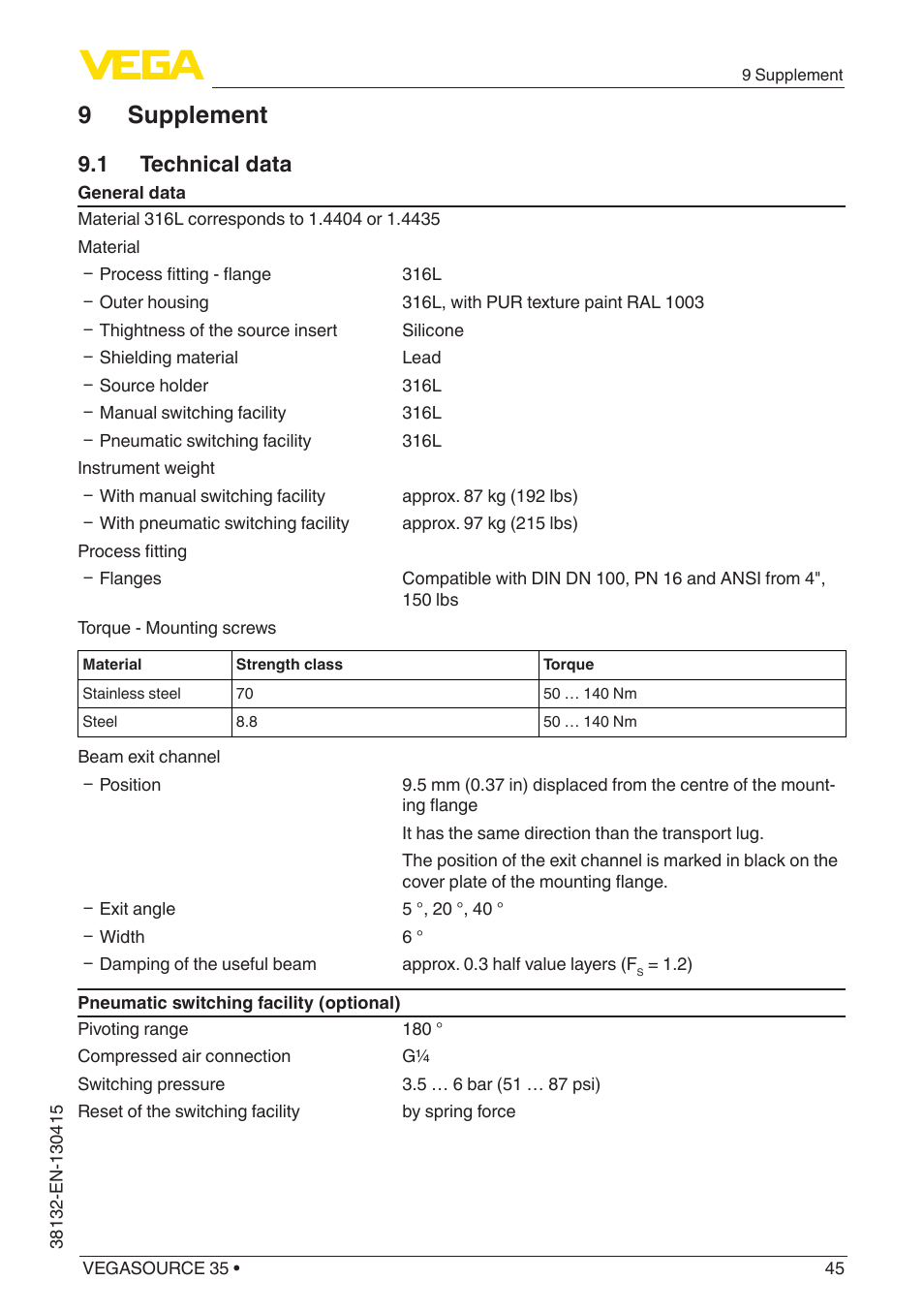 9 supplement, 1 technical data | VEGA VEGASOURCE 35 User Manual | Page 45 / 64