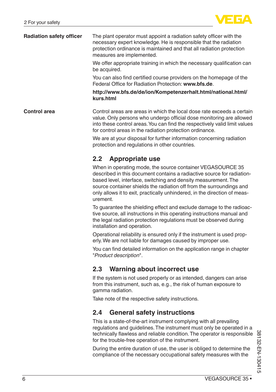 2 appropriate use, 3 warning about incorrect use, 4 general safety instructions | VEGA VEGASOURCE 35 User Manual | Page 6 / 64