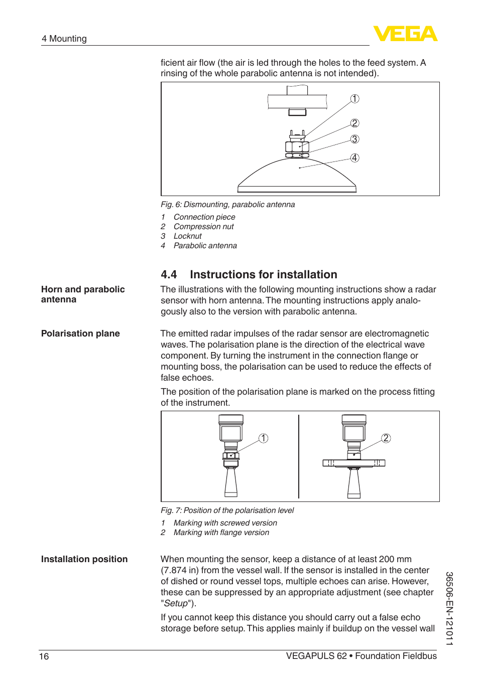 4 instructions for installation | VEGA VEGAPULS 62 (≥ 2.0.0 - ≥ 4.0.0) Foundation Fieldbus User Manual | Page 16 / 88