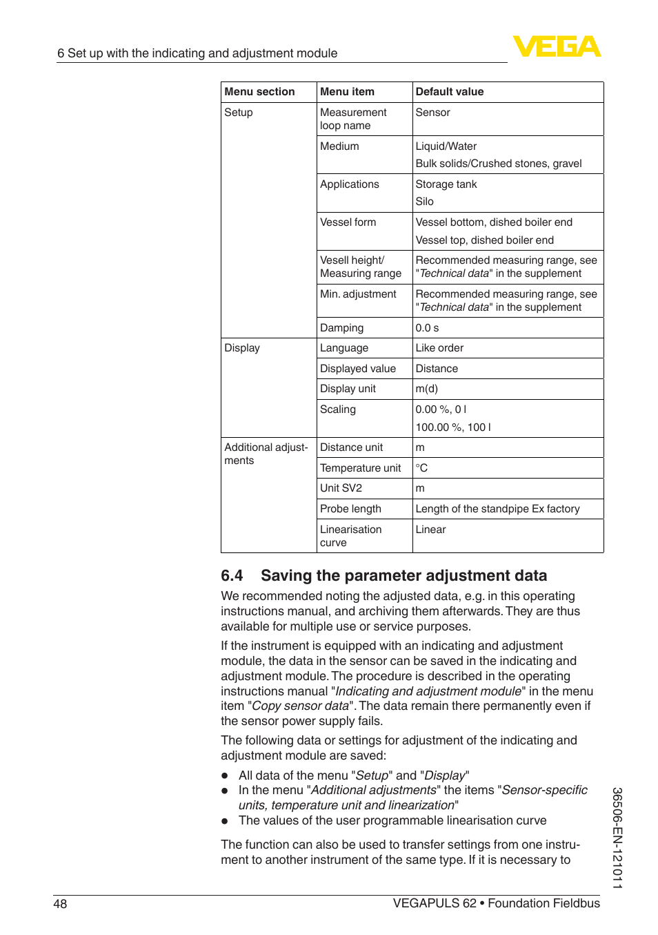 4 saving the parameter adjustment data | VEGA VEGAPULS 62 (≥ 2.0.0 - ≥ 4.0.0) Foundation Fieldbus User Manual | Page 48 / 88