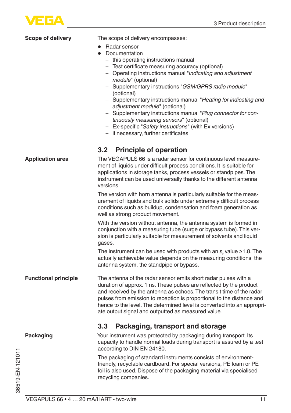 2 principle of operation, 3 packaging, transport and storage | VEGA VEGAPULS 66 (≥ 2.0.0 - ≥ 4.0.0) 4 … 20 mA_HART - two-wire User Manual | Page 11 / 80