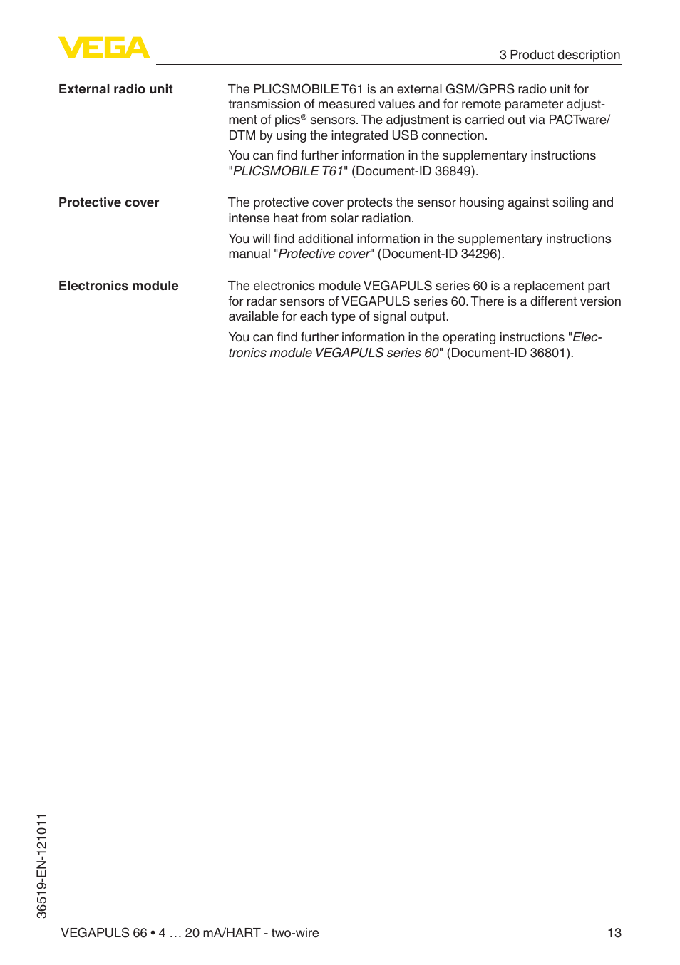 VEGA VEGAPULS 66 (≥ 2.0.0 - ≥ 4.0.0) 4 … 20 mA_HART - two-wire User Manual | Page 13 / 80
