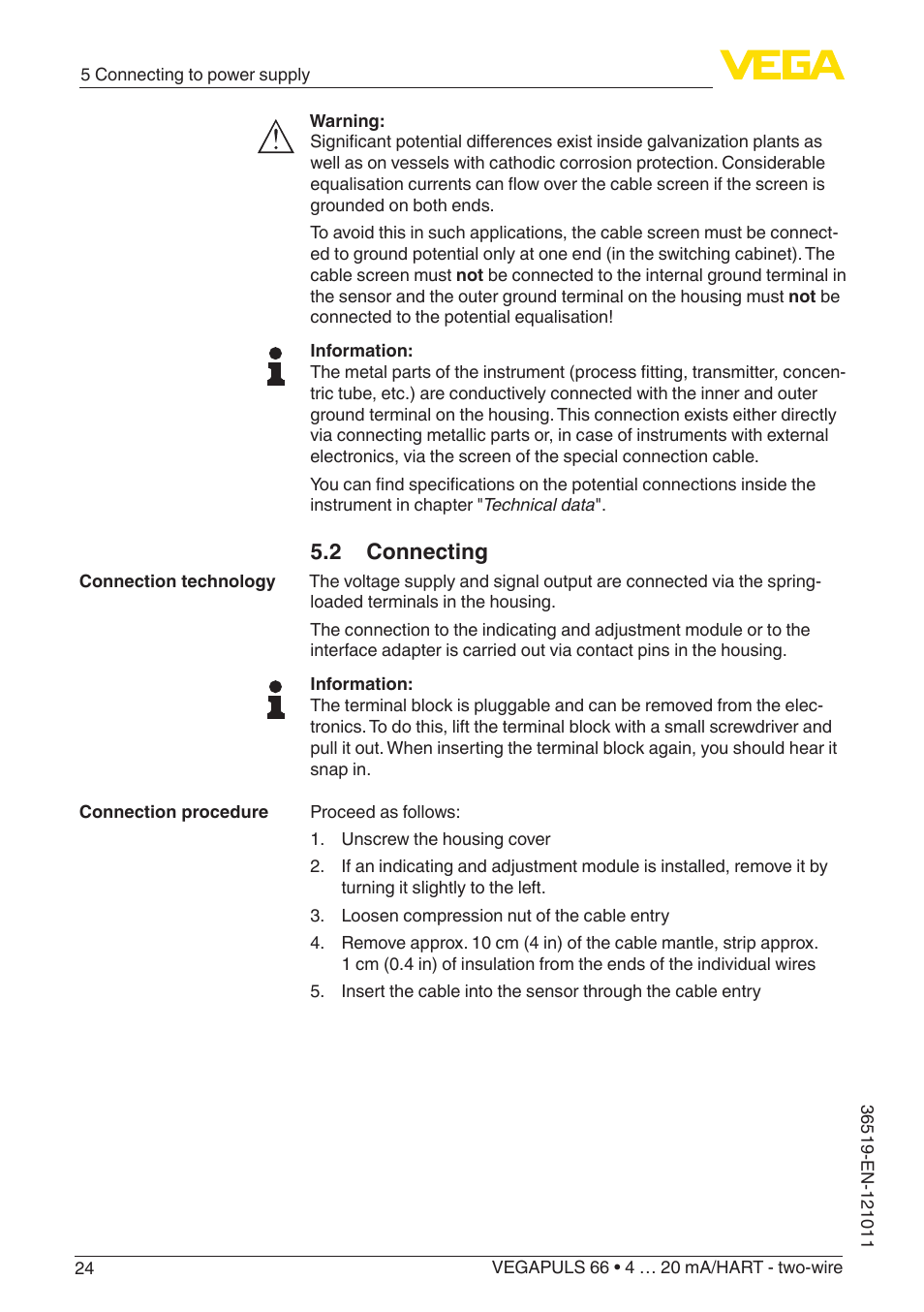 2 connecting | VEGA VEGAPULS 66 (≥ 2.0.0 - ≥ 4.0.0) 4 … 20 mA_HART - two-wire User Manual | Page 24 / 80