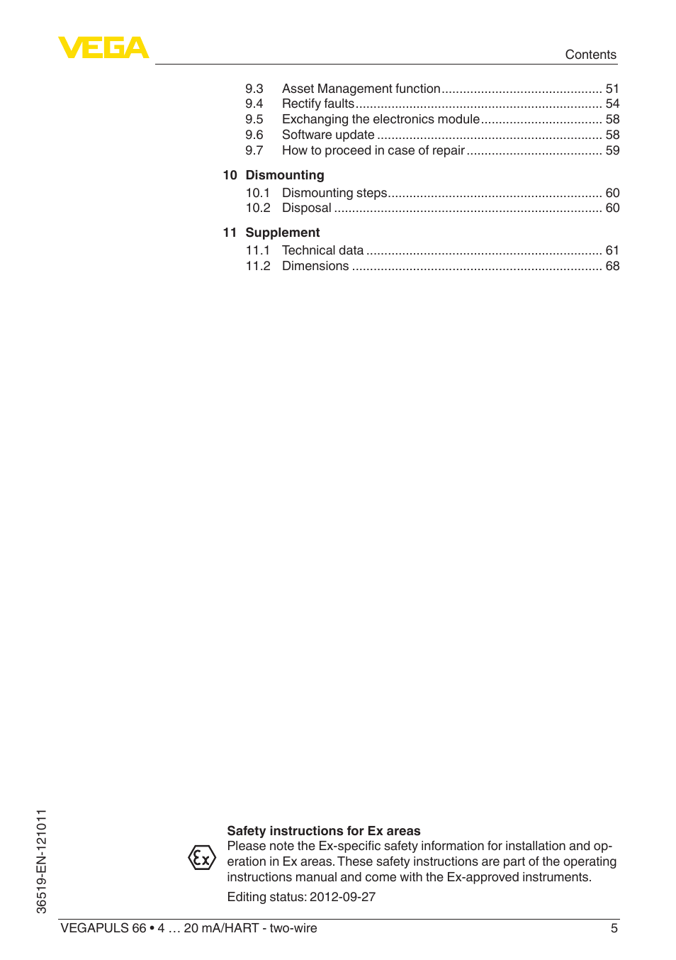 VEGA VEGAPULS 66 (≥ 2.0.0 - ≥ 4.0.0) 4 … 20 mA_HART - two-wire User Manual | Page 5 / 80