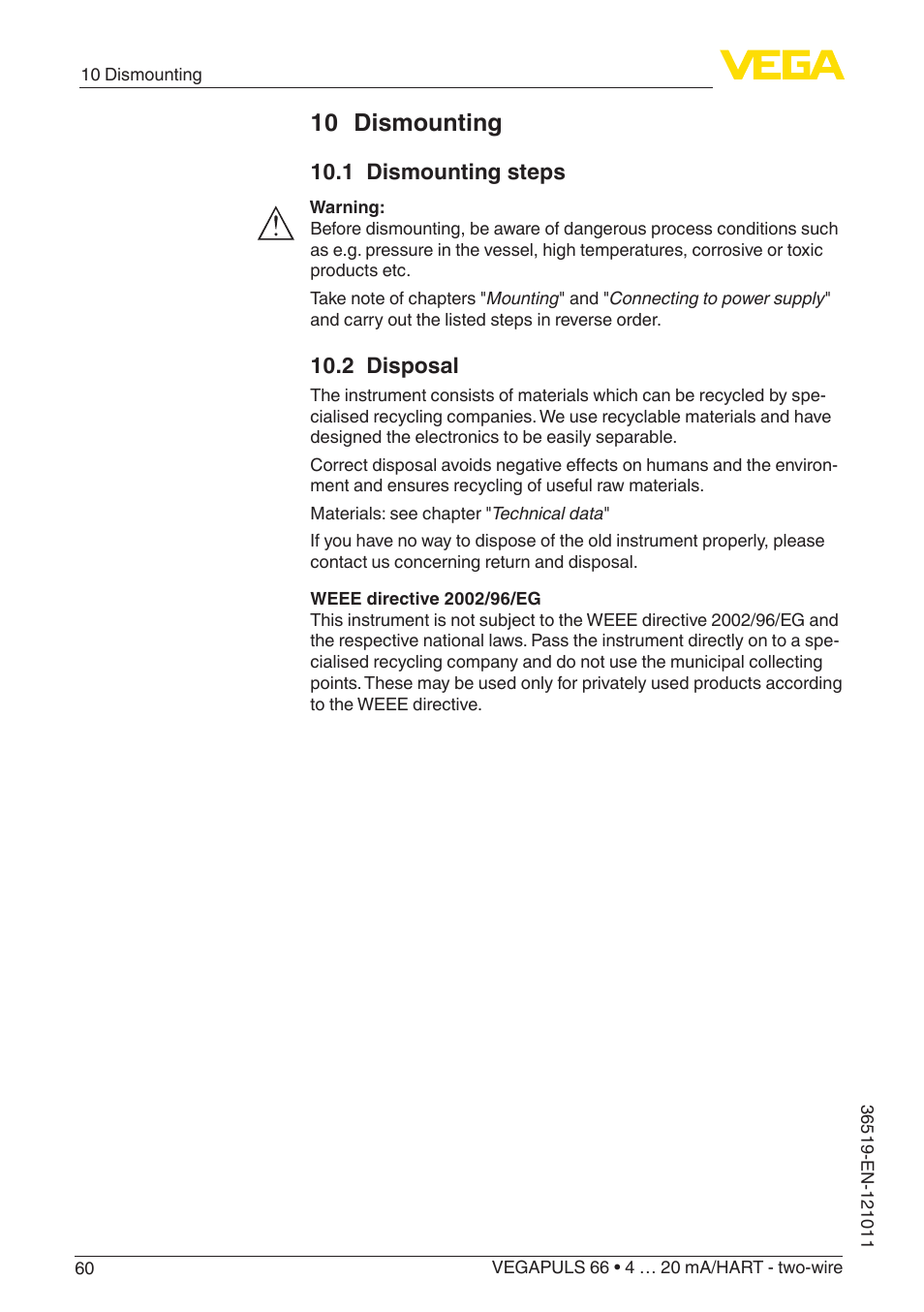 10 dismounting, 1 dismounting steps, 2 disposal | VEGA VEGAPULS 66 (≥ 2.0.0 - ≥ 4.0.0) 4 … 20 mA_HART - two-wire User Manual | Page 60 / 80