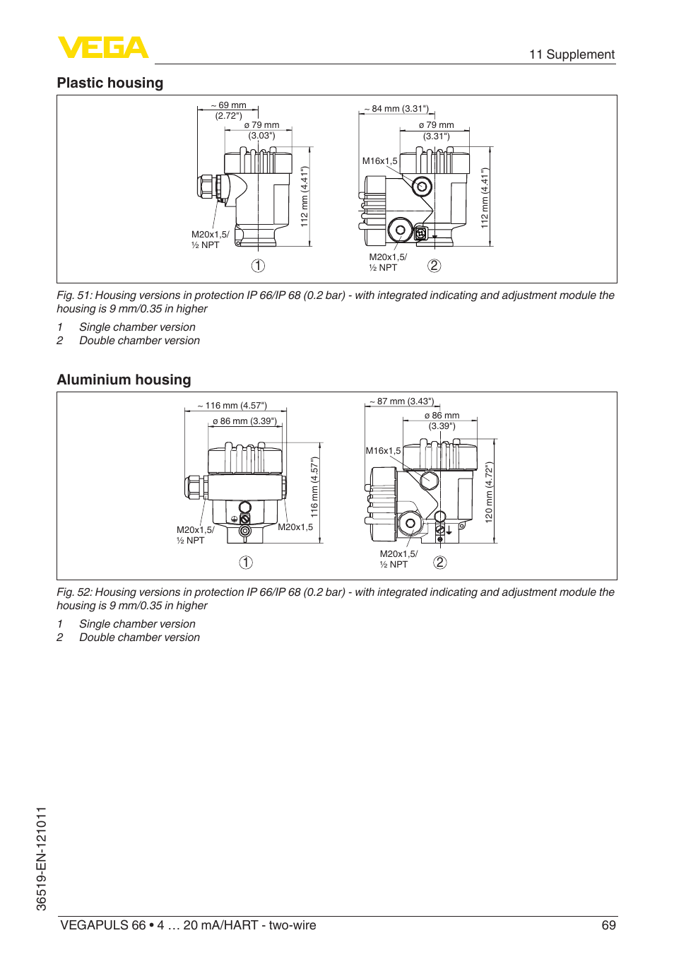 Plastic housing, Aluminium housing | VEGA VEGAPULS 66 (≥ 2.0.0 - ≥ 4.0.0) 4 … 20 mA_HART - two-wire User Manual | Page 69 / 80