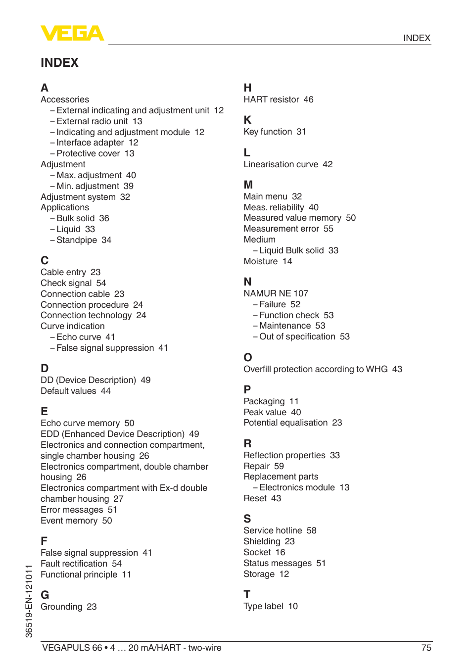 Index | VEGA VEGAPULS 66 (≥ 2.0.0 - ≥ 4.0.0) 4 … 20 mA_HART - two-wire User Manual | Page 75 / 80