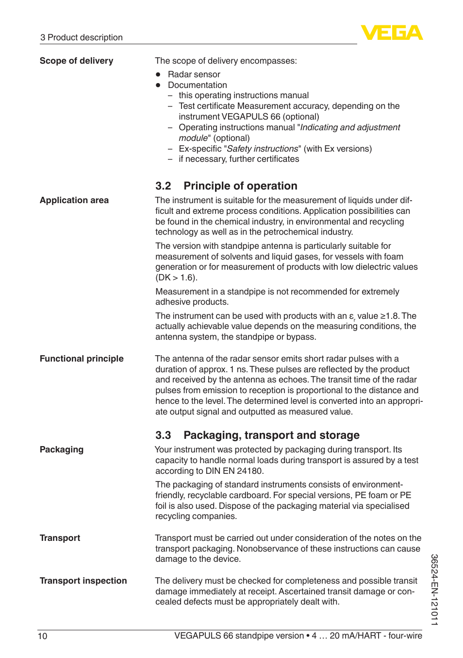 2 principle of operation, 3 packaging, transport and storage | VEGA VEGAPULS 66 (≥ 2.0.0 - ≥ 4.0.0) standpipe ver. 4 … 20 mA_HART - four-wire User Manual | Page 10 / 52