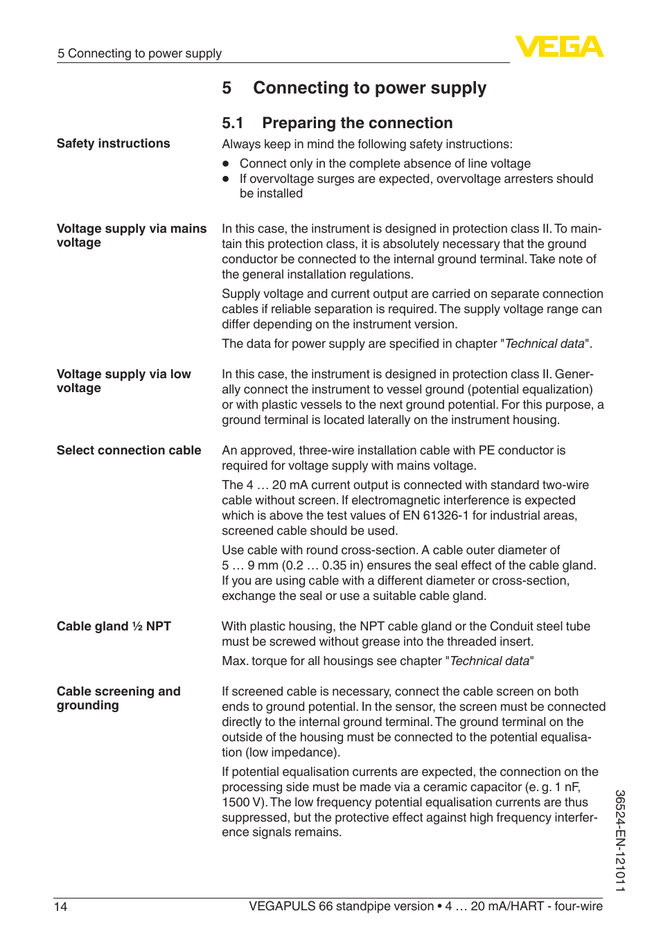 5 connecting to power supply, 1 preparing the connection | VEGA VEGAPULS 66 (≥ 2.0.0 - ≥ 4.0.0) standpipe ver. 4 … 20 mA_HART - four-wire User Manual | Page 14 / 52