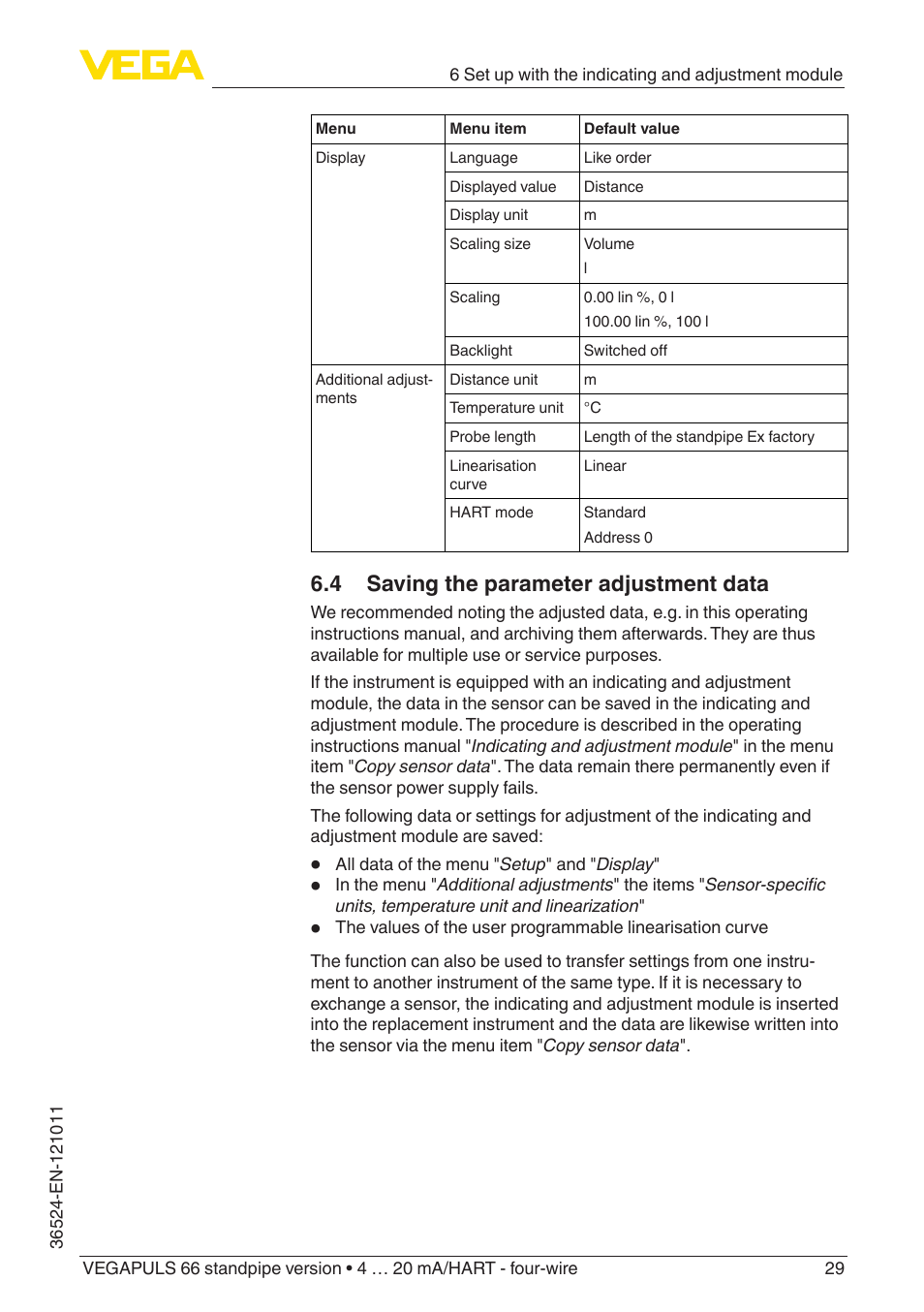 4 saving the parameter adjustment data | VEGA VEGAPULS 66 (≥ 2.0.0 - ≥ 4.0.0) standpipe ver. 4 … 20 mA_HART - four-wire User Manual | Page 29 / 52