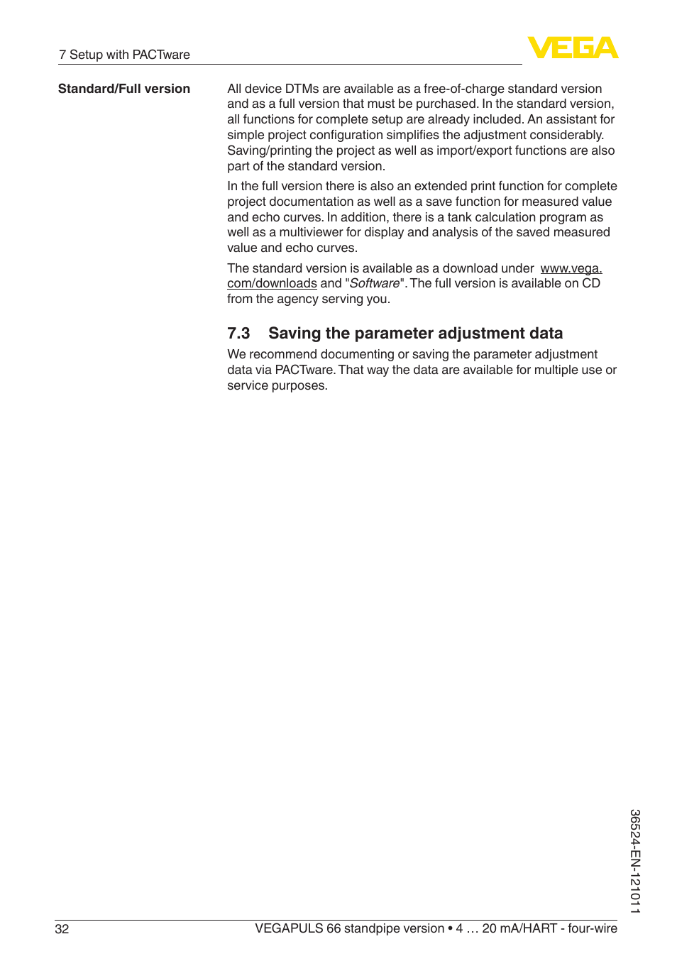 3 saving the parameter adjustment data | VEGA VEGAPULS 66 (≥ 2.0.0 - ≥ 4.0.0) standpipe ver. 4 … 20 mA_HART - four-wire User Manual | Page 32 / 52