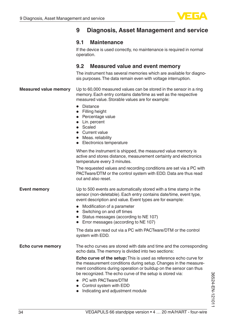 9 diagnosis, asset management and service, 1 maintenance, 2 measured value and event memory | VEGA VEGAPULS 66 (≥ 2.0.0 - ≥ 4.0.0) standpipe ver. 4 … 20 mA_HART - four-wire User Manual | Page 34 / 52